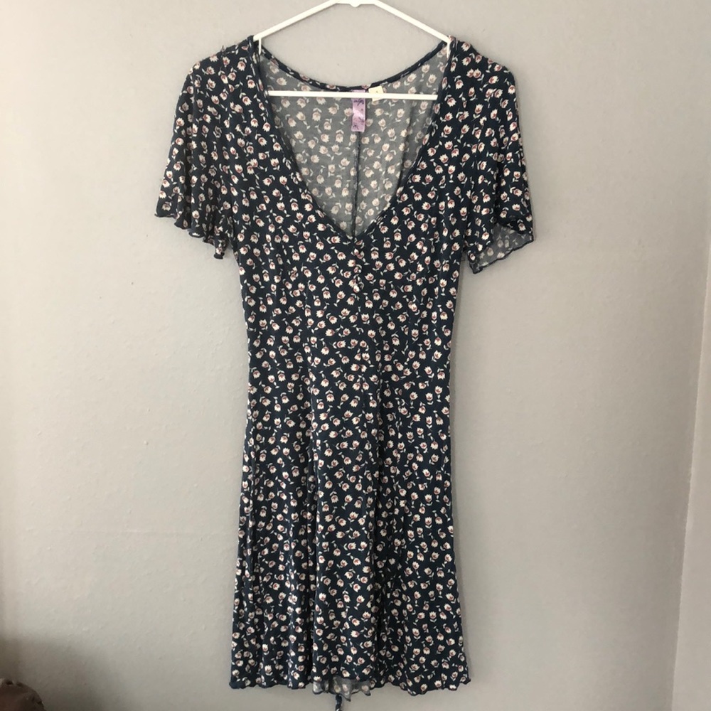 Blue and pink floral deep V dress